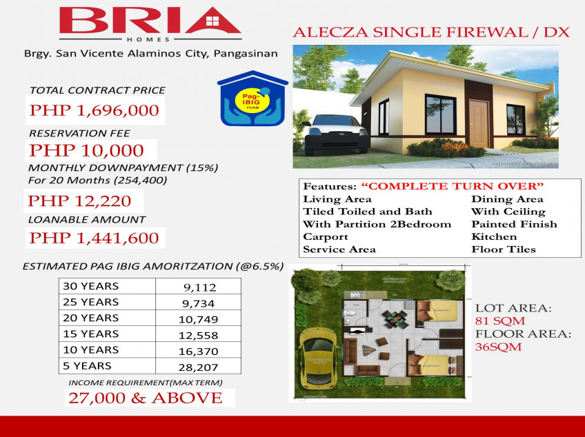 AFFORDABLE 2 BEDROOM SINGLE FIREWALL ALECZA UNIT IN BRIA HOMES ALAMINOS PANGASINAN