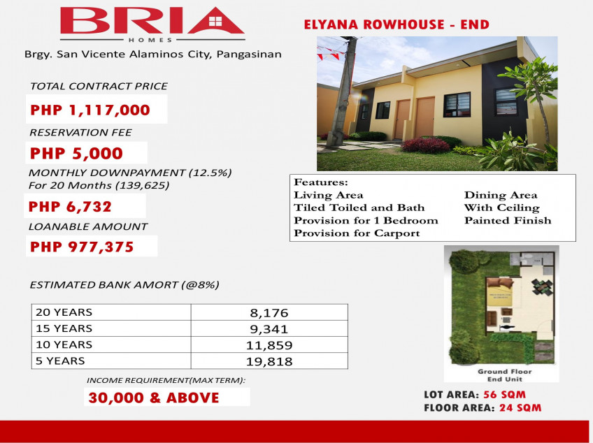 MURANG CORNER / END UNIT ELYANA ROWHOUSE IN BRIA HOMES ALAMINOS PANGASINAN