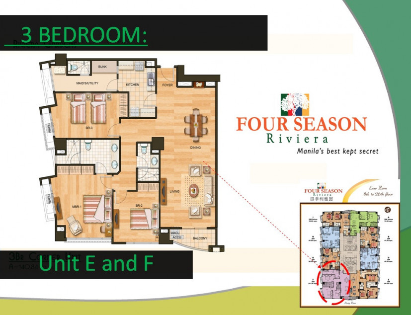 3BR Four Season Riviera Plum Blossom with 1 Parking Binondo Manila