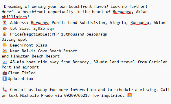 Urgent Beach Lot For Sale In Buruanga, Aklan