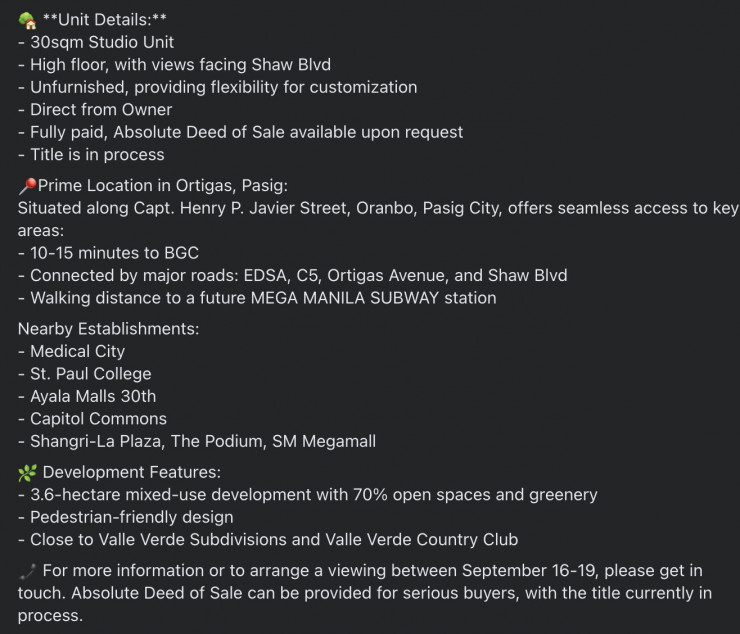 RFO Clean Title Studio Unit For Sale At The Travertine Portico Alveo Pasig