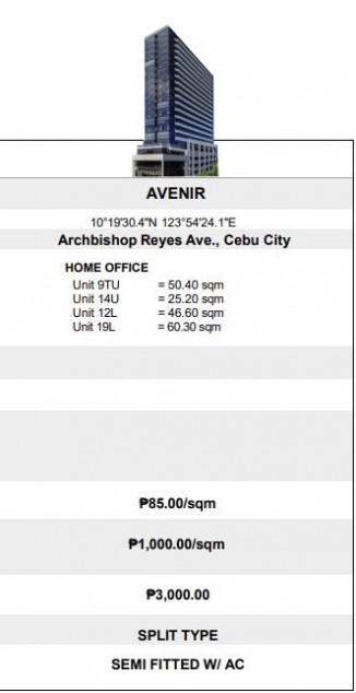 PROPERTY # 11470 For Rent Office Space in Avenir, Cebu City