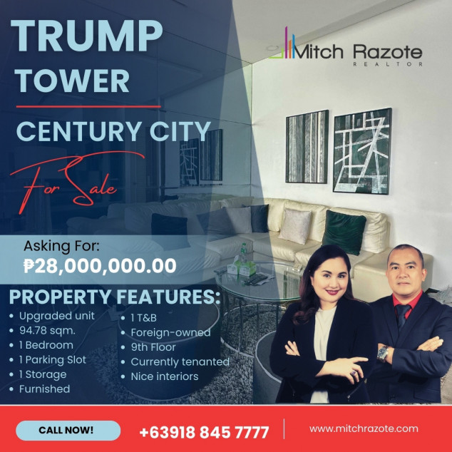 Fully Furnished 94 SQM Spacious 1 Bedroom Unit For Sale at Trump Tower in Century City Makati