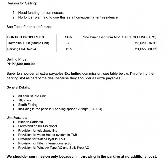 Clean Title RFO Studio Unit With Parking For Sale At The Travertine Portico Alveo Pasig