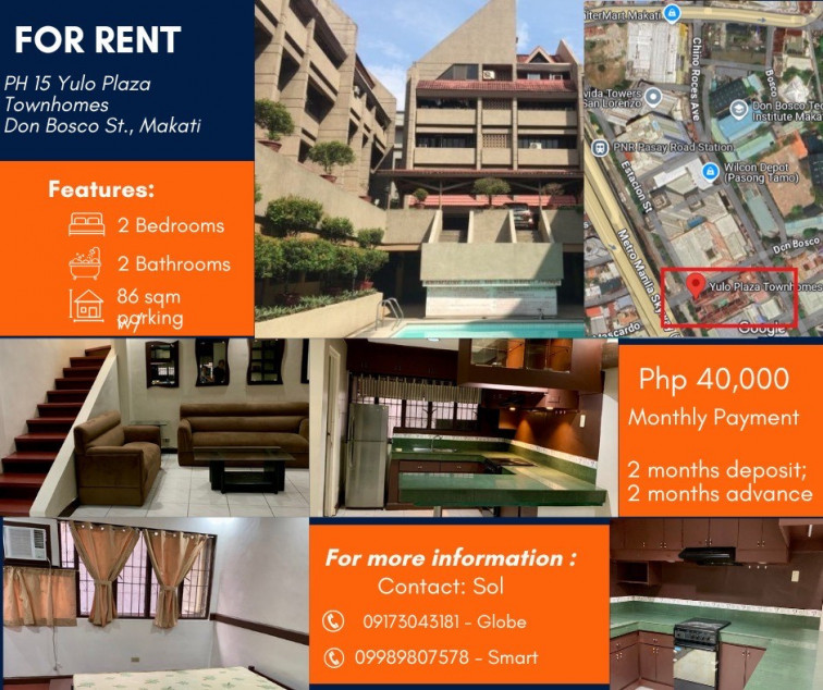 2BR Condo for Rent w/parking and pool - Yulo Plaza Townhomes Makati