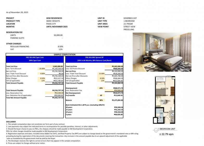 GEM Residencies Quezon City PASIG Condo 1 Bedroom