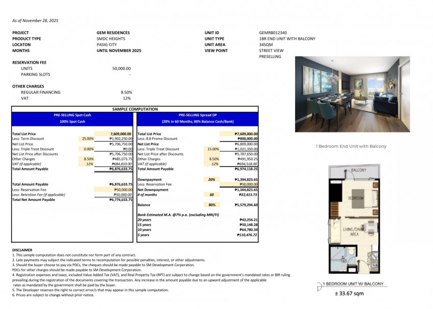 GEM Residencies Quezon City PASIG Condo 1 Bedroom