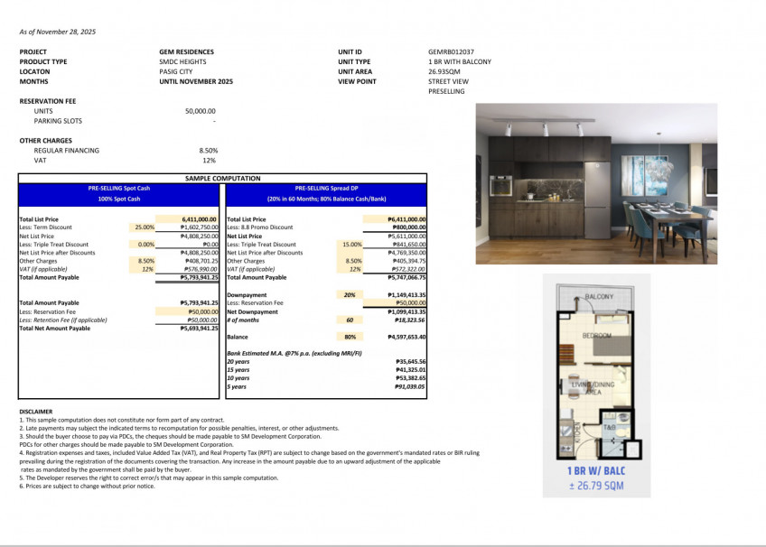 GEM Residencies Quezon City PASIG Condo 1 Bedroom